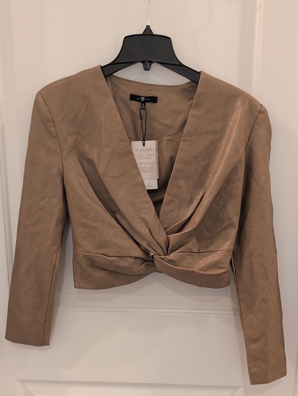 7 For All Mankind Faux Leather Twist-Front Cropped Jacket Top - Taupe